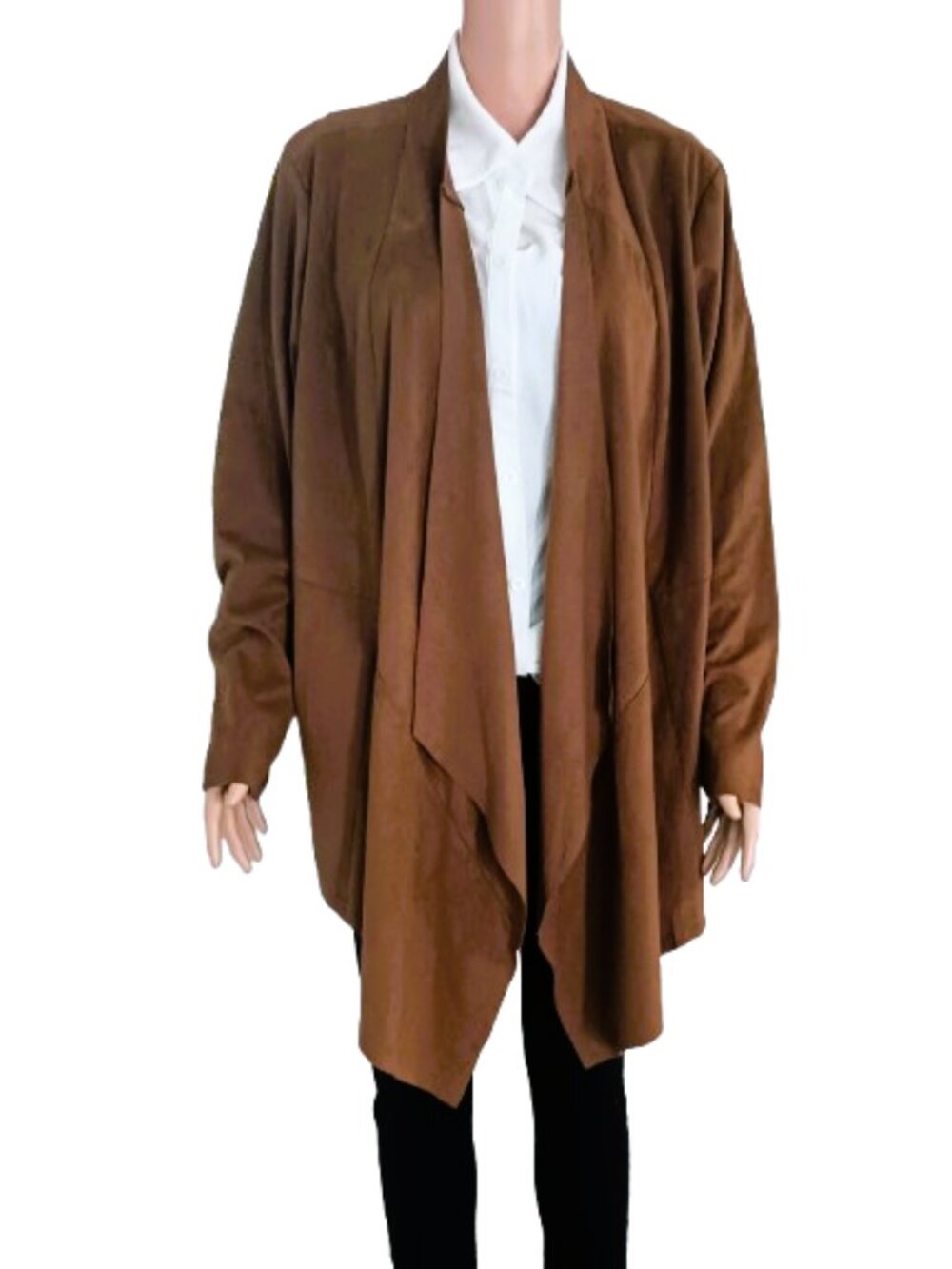 Brown Draped Open Front Cardigan XL Women's Faux Suede Long Sleeve Jacket